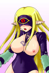 blindfold blonde_hair breasts cleavage cyclops earring long_hair mist_valley_shaman nipples pataryouto piercing pointy_ears yu-gi-oh! yuu-gi-ou_duel_monsters