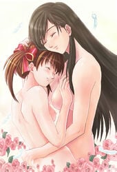 2girls breasts brown_hair closed_eyes cuddle cuddling feathers female flower hair_ribbon hamoto hug long_hair maria-sama_ga_miteru multiple_girls mutual_yuri nipples nude ribbon rose sachiko_ogasawara smile yumi_fukuzawa yuri