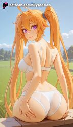 1girls 2025 ahoge ai_assisted ai_generated anime artist_name ass back bench big_ass booty bra breasts bush bust cloud explicit female from_behind hi_res high_quality high_resolution high_school_dxd highres long_hair looking_at_viewer looking_back outdoors panties patreon patreon_username purple_eyes shidou_irina sitting sky skypassion smile solo stable_diffusion twintails underwear watermark white_bra white_panties