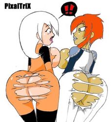 2girls anus ass crossover dat_ass drew_saturday kiva_andru megas_xlr milf multiple_girls pixaltrix the_secret_saturdays white_background