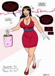 1girls alien alien_girl alien_humanoid artist_name big_barda black_hair breasts cleavage day_count dc dc_comics dialogue dress earrings english english_text female female_only forced_smile glowing_eyes groceries grocery_bag heels high_heels hips holding holding_object hourglass_figure hypnosis hypnovember large_breasts milf milfification mind_control necklace polmanning red_hair red_lipstick smile smiling solo solo_female speech_bubble spiral stepfordization text