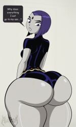 1girls ai_generated alatrea ass_bigger_than_head ass_crack ass_focus belt bimbo bottom_heavy cartoon_network curvy dat_ass dc_comics forehead_jewel from_behind gluteal_fold goth goth_girl grey_skin hips_wider_than_shoulders huge_ass huge_thighs leotard looking_back narrow_shoulders pawg phat_ass plump_ass plump_thighs purple_eyes purple_hair rachel_roth raven_(dc) short_hair small_breasts small_waist solo_female superheroine teen_titans thick_ass thick_hips thick_legs thick_thighs thighs_bigger_than_head viewed_from_behind voluptuous wide_hips wide_thighs