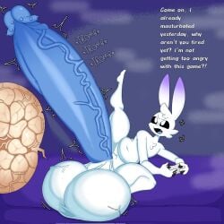 1:1 anthro balls big_balls big_penis blue_penis controller english_text genitals hi_res huge_balls huge_cock hyper hyper_genitalia hyper_penis lagomorph leporid lok_bunny lokbunny17 male mammal penis rabbit solo sperm_cell text vein veiny_penis virile white_body white_eyes