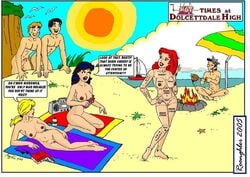 00s 2000s 2005 3boys 3girls archie_andrews archie_comics areolae beach beach_towel betty_cooper black_hair blonde_hair body_writing campfire cannibalism cheryl_blossom erection female flaccid_penis jughead_jones meat_lines multiple_girls nude posing red_hair red_year reggie_mantle roonghler tongue_out veronica_lodge