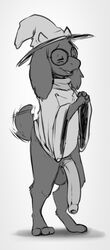 1boy 2020 2d anthro anthro_male anthro_only balls bottomless bovid caprine closed_eyes clothed clothing deltarune emenius eyewear full-length_portrait fur furry furry_male furry_only genitals glasses goat grey_body grey_fur grey_tail hat headgear headwear hi_res humanoid humanoid_male humanoid_only male male_only mammal monochrome motion_lines open_mouth penis portrait ralsei round_glasses shadow solo solo_male standing tailwag undertale_(series) video_games wide_sleeves young