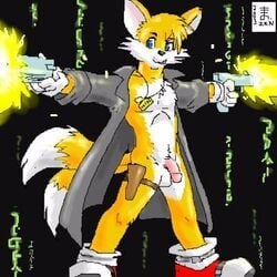 2003 anthro canine clothes crossover fox fur gun male male_only mammal open_clothes parody penis sega shooting solo sonic_(series) sonic_the_hedgehog_(series) sonic_the_hedgehog_2 standing tails testicles the_matrix warner_brothers weapon