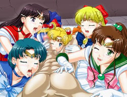 5girls ami_mizuno apple_pie_(artist) bishoujo_senshi_sailor_moon bow bukkake censored circlet clothed_female_nude_male clothing cum cum_on_face elbow_gloves female female_focus gloves handjob harem licking_nipples makoto_kino male minako_aino multiple_girls nude_male penis rei_hino sailor_jupiter sailor_mars sailor_mercury sailor_moon sailor_venus skirt small_breasts sucking_testicles usagi_tsukino