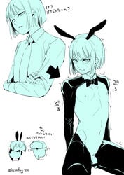 1boy angry animal_ears bar_censor bob_cut bow bowtie bunny_ears censored crossdressing femboy locon male meme_attire monochrome navel necktie nipples original otoko_no_ko penis reverse_bunnysuit reverse_outfit shirt short_hair sitting solo sweat trap