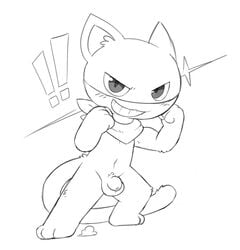 anthro atlus balls blush feline monochrome morgana_(persona) oob penis persona persona_5 small_penis smile solo_male tagme