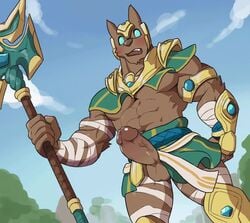 accidental_exposure animated anthro boner casual_exposure casual_nudity embarrassed embarrassed_nude_exposure erection furry league_of_legends male male_only nasus omyurice riot_games skirt skirt_lift spear standing tagme video weapon wind