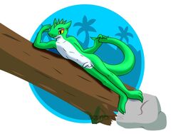 anthro barefoot casual_nudity claws digital_drawing_(artwork) digital_media_(artwork) feet flaccid foreskin genitals lizard male nude penis plant reptile retro_pixel_lizard rock samareck scalie simple_background solo solo_focus tree watermark