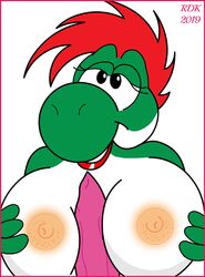 animal_genitalia anthro border breasts digital_media_(artwork) female genderswap genderswap_(mtf) genitals male male/female mario_(series) nintendo paizuri penis red_border reddragonkan rule_63 sex titjob unseen_male_face video_games white_background yoshi