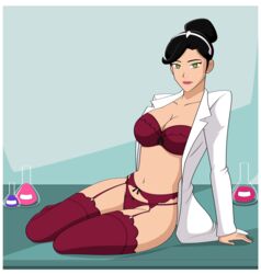 1girls black_hair bra cartoon_network cleavage dr._holiday female female_only female_scientist g-string garter_belt garter_straps generator_rex green_eyes hair_bun jimryu labcoat laboratory lingerie looking_at_viewer mostly_nude open_labcoat panties rebecca_holiday red_lingerie red_stockings scientist seductive smile solo stockings