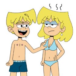 1boy 1boy1girl 1girls bathing_suit bikini blonde_hair breast_grab breasts cleavage female loki_loud looking_at_another lori_loud male rule_63 selfcest smile swim_trunks swimsuit swimwear the_loud_house