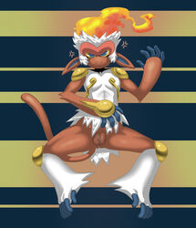 annoyed anthro aroused blue_eyes bodily_fluids female fire frown genital_fluids genitals hi_res infernape looking_at_viewer lying mammal nintendo on_back pokémon_(species) pokemon pokemon_(species) primate pussy pussy_juice solo tush video_games