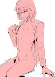 1boy arm_support artist_name bottomless censored femboy legs_together locon male medium_hair navel nipples open_clothes open_shirt original otoko_no_ko penis smile solo trap undressing