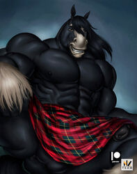 2021 abs angus_(brave) angus_(disney) anthro anthrofied balls black_body black_fur black_hair brave disney equid equine fetlocks fur genitals hair hi_res horse kilt male male_only mammal nexus penis pixar plaid smile solo testicles