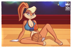 1girls anthro basketball big_breasts blonde_hair blue_eyes bottomless breasts cleavage crop_top female female_only gloves jersey lagomorph lagomorph_humanoid lidded_eyes lola_bunny long_ears looking_at_viewer looney_tunes midriff navel rabbit rabbit_humanoid smile smiling_at_viewer solo solo_female space_jam space_jam:_a_new_legacy tagme thesharkmaster thick_thighs tsmdraws warner_brothers