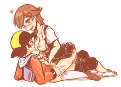 1boy1girl 1girls 2010s artist_request blush bottomless bottomless_skirt breast_sucking breasts breasts_out cowgirl_position ethan_(pokemon) female female_on_top hair_ornament lass_(pokemon) lass_(pokemon_hgss) light-skinned_female light_skin nintendo nipples npc_trainer on_top pokemon pokemon_gsc pokemon_hgss sex skirt straight upskirt vagina vaginal_penetration