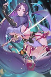 clothed fate/grand_order fate_(series) minamoto_no_raikou_(fate/grand_order) nipples_visible_through_clothing purple_eyes purple_hair songjikyo sword tagme