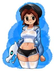 1girls bra brown_hair clothed crop_top female gym_shorts hat hoodie mii mii_fighter_costume mii_gunner mii_gunner_(smash_4) minus8 mob_face nintendo sans sans_(cosplay) see-through_top short_shorts solo super_smash_bros. super_smash_bros._for_nintendo_3ds_and_wii_u super_smash_bros._ultimate tagme thighhighs