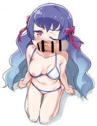 aikatsu!_(series) aikatsu_stars! bangs bar_censor bikini bikini_pull blue_hair blush bow breasts censored disembodied_penis female gradient_hair imminent_fellatio long_hair looking_at_viewer medium_breasts multicolored_hair navel nipples one_breast_out one_eye_closed penis purple_bow red_eyes seiza shirayuri_kaguya sidelocks simple_background sitting straight swimsuit very_long_hair white_background wince