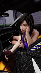 1boy 1girls 3d big_penis black_hair blue_dress dark-skinned_male dark_skin defaultblend dress female final_fantasy final_fantasy_vii french_nails handjob holding_penis interracial looking_at_penis male red_eyes sitting_in_car straight suit tifa_lockhart