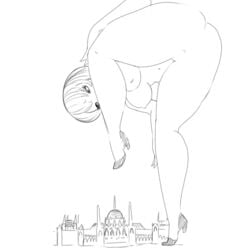 1girls ass black_and_white breasts female giantess heels high_heels jucika monochrome naked_footwear pussy simple_background sketch white_background