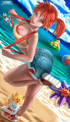 1girls 2d alternate_breast_size ass beach big_breast breasts dat_ass goldeen green_eyes huge_breasts izhardraws kasumi_(pokemon) large_breasts legs orange_hair pokemon pokemon_rgby psyduck red_hair shorts solo starmie suspenders togepi wink