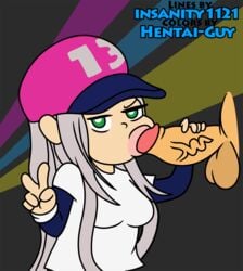 13-amp 1boy 1boy1girl 1girls balls baseball_cap big_lips blue_eyes clothed_sex clothing disembodied_penis fellatio female female_focus hat hentaiguy insanity1121 just_the_tip kissing_penis lips male male/female mario_(series) nintendo peace_sign penis sex silver_hair t-shirt v wario_(series) warioware warioware_gold