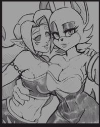 2girls anthro big_breasts black_sclera breast_press breast_squish charlotte_mors cleavage crossover ear_piercing elf elf_ears elf_female female fit_female lips long_hair markings midriff monochrome oc original original_character plump_lips pointy_ears rouge_the_bat selfie sonic_(series) tattoo toned toned_female triceps tubetop