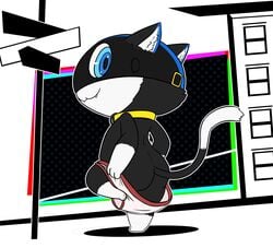 anthro ass blue_eyes clothing felid feline felis fur furry furry_only lkiws looking_at_viewer looking_back male male_only morgana_(persona) removing_underwear standing tail taking_clothes_off underwear undressing