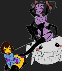 2015 6_arms ambiguous_gender anthro arachnid arthropod blush colorized domination dominatrix fangs female femdom frisk heel_insertion human licking licking_lips muffet multi_arm multi_eye multi_limb railroad_mejic spider third-party_edit tongue tongue_out twintails undertale video_games