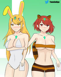 2girls big_breasts blonde_hair bunny_ears bunnysuit clothing mario_(series) mythra new_super_mario_bros._2 nintendo pyra raccoon_ears raccoon_girl raccoon_tail red_eyes red_hair super_smash_bros. twanindigo xenoblade_(series) xenoblade_chronicles_2 yellow_eyes