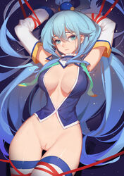 1girls aqua_(konosuba) blue_eyes blue_hair breasts female female_only hips kono_subarashii_sekai_ni_shukufuku_wo! leggings long_hair pussy solo songjikyo