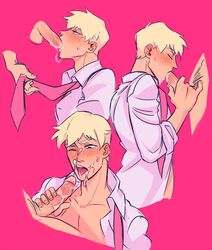 2boys arataka_reigen blonde_hair blowjob blush cum_in_mouth cum_on_face facial male_only mob_psycho_100 oral pubic_hair rassstegay tie tongue_out yaoi