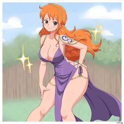 1girls big_breasts breasts cleavage female female_only large_breasts nami one_piece purple_dress shounen_jump simmsy solo