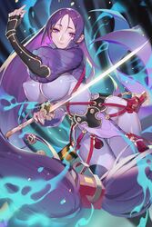 clothed fate/grand_order fate_(series) minamoto_no_raikou_(fate/grand_order) nipples_visible_through_clothing purple_eyes purple_hair songjikyo sword tagme