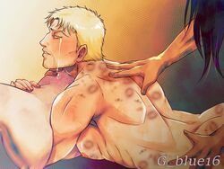 2boys artist_name attack_on_titan back_muscles bare_back bare_shoulders bite_mark bite_marks blonde_hair eren_jaeger facial_hair hand_on_back hickey male male/male male_only muscles muscular muscular_male on_stomach pillow pillow_grab reiner_braun scaitblue shingeki_no_kyojin tears yaoi