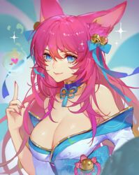 1girls ahri blue_eyes breasts cat_ears league_of_legends pink_hair songjikyo spirit_blossom_ahri spirit_blossom_series tagme