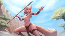 1girls ass_visible_through_thighs blonde_hair blue_sky braid breasts brown_eyes ear_piercing earrings female fox_ears fox_girl fox_tail highres khiara_(personalami) loincloth loincloth_aside looking_at_viewer nature navel necklace nipple open_mouth original outdoors pussy sharp_fingernails short_hair small_breasts smile solo spear tail thigh_strap topless twin_braids ullr uncensored vambraces weapon