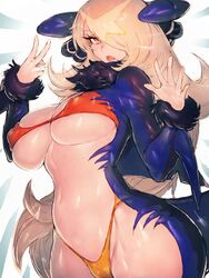 1girls belly big_breasts bikini_top blonde_hair bra cleavage cosplay cynthia_(pokemon) dragon_girl fangs female fumio_(rsqkr) fusion garchomp garchomp_(cosplay) hair_accessory long_hair looking_at_viewer monster_girl navel orange_eyes pokemon pokemon_(cosplay) pokemon_(species) pokemon_dppt sharp_teeth solo solo_female tagme tail thick_thighs thong underboob wide_hips