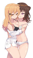 2girls bang_dream! bangs black_bra blonde_hair bra breast_press breasts brown_hair closed_mouth collared_shirt cowboy_shot eyebrows_visible_through_hair hair_ornament highres hug ichigaya_arisa jokarara long_hair long_sleeves looking_at_another looking_away lowleg lowleg_panties medium_breasts medium_hair multiple_girls navel orange_eyes panties purple_eyes shirt shirt_pull small_breasts smile strap_slip toyama_kasumi underwear white_bra white_panties white_shirt x_hair_ornament yuri