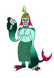 1_eye absurd_res anthro big_breasts bioluminescence breasts crown exposed_breasts female fin fin_frill fish fish_humaniod fish_tail frill_(anatomy) gem gills glowing head_crest head_frill hi_res holding_object lady_mesem marine merfolk nipples pearl_(gem) pearl_neckace scales sharp_teeth siren teeth unknowndegenerate