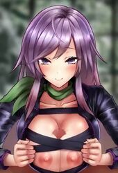 1boy 1girls akehi_yuki animated areolae biker_clothes blush breasts cross-laced_clothes curvy erect_nipples erection female hijiri_byakuren huge_breasts looking_at_viewer male nipples no_sound paizuri paizuri_under_clothes penis pov purple_eyes purple_hair shorter_than_10_seconds shorter_than_30_seconds straight touhou turbo_byakuren video