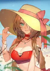 aerith_gainsborough breasts brown_hair final_fantasy final_fantasy_vii green_eyes hat songjikyo swimsuit