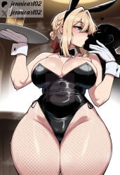1boy 1girl ai_generated alcohol alternate_costume animal_ears artist_logo artist_name bare_shoulders beer beer_mug black_bow black_bowtie black_leotard blonde_hair blue_eyes blush bow bowtie braid braided_bun breasts bunnysuit cameltoe cleavage clothing covered_navel cup curvy detached_collar drinking_glass faceless faceless_male fake_animal_ears female fishnet_legwear fishnet_pantyhose fishnets gloves hair_between_eyes hair_bun hair_intakes hair_ribbon hetero highleg highleg_leotard holding holding_tray jennieart02 kiss large_breasts leotard mug pantyhose patreon patreon_logo patreon_username playboy_bunny rabbit_ears red_ribbon ribbon short_hair single_hair_bun solo_focus strapless strapless_leotard sweat thick_thighs thighs tray twitter twitter_username watermark web_address white_gloves wide_hips wrist_cuffs