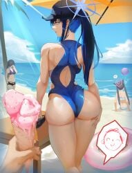 3girls alternate_costume ass back_cutout baseball_cap beach black_hat blue_archive blue_hair clothing_cutout colored_inner_hair doodle_sensei_(blue_archive) food halo hat highres holding holding_ice_cream_cone ice_cream ice_cream_cone looking_at_viewer looking_back multicolored_hair multiple_girls one-piece_swimsuit ponytail pov saori_(blue_archive) sensei_(blue_archive) serika_(swimsuit)_(blue_archive) sideways_glance solo_focus sweat swimsuit x-kulon