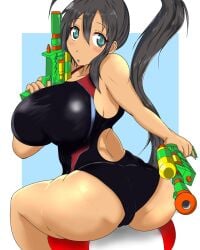 10s 1girl 2017 aqua_eyes ass ball_(object) bare_shoulders beach_ball bikini black_hair breasts cameltoe compressed dark-skinned_female dark_skin dual_wielding from_behind hair_ribbon holding_water_gun homura_(senran_kagura) huge_ass huge_breasts inflatable long_hair looking_at_viewer marvelous on_ball one-piece_swimsuit plump plump_ass plump_breasts plump_thighs ponytail pool_toy ribbon senran_kagura senran_kagura_peach_beach_splash shiny_skin sitting sitting_on_ball sitting_on_beach_ball solo squish squishing swimsuit tan tan_body very_long_hair water_gun