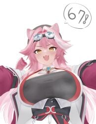 67_(meme) animal_ears aqua_gem arm_belt ascot bare_shoulders belt beret black_belt black_hat blush breasts cleavage coat commentary d5y0m fangs from_below gem goggles goggles_on_head hair_intakes hat highres hololive hololive_english huge_breasts jewelry long_hair long_sleeves looking_at_viewer meme multicolored_hair open_mouth panther_ears panther_girl panther_tail pink_coat pink_hair pink_tail raora_panthera raora_panthera_(1st_costume) shirt shorts simple_background smile solo streaked_hair tail two-tone_hair virtual_youtuber white_ascot white_background white_hair white_shirt white_shorts yellow_eyes